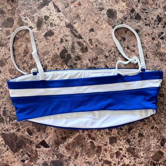 Aerie | Women’s Blue and White Bandeau Bikini Top White Ribbed Adjustable Straps - Picture 2 of 14